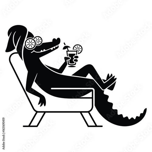 Cartoon alligator relaxing in lounge chair with cocktail and sunglasses beach