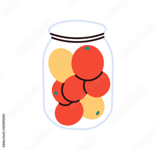 Pickled tomatoes in glass jar, preserved vegetables in brine for long-term storage, traditional homemade fermented food, organic farm product for healthy meals, isolated flat vector illustration.
