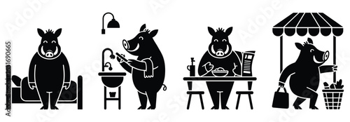 Pig Character Daily Routine Activities Black and White Icons vector illustration