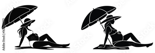 Pregnant Woman Silhouette Relaxing Under Beach Umbrella Two Variations vector illustration