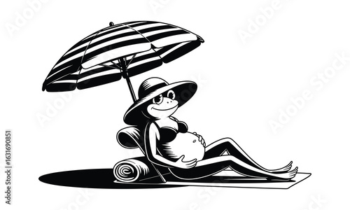 Pregnant Frog Character Relaxing Under Beach Umbrella vector illustration