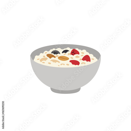 Bowl of oatmeal with mixed berries and nuts on white background  