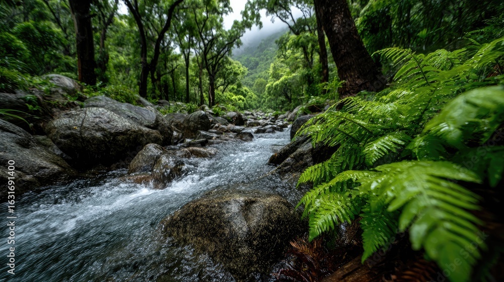 Lush, flowing creek through a dense, misty forest Lush, flowing creek through a dense, misty forest