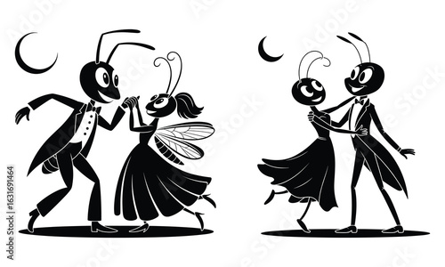 Two pairs of cartoon ants in formal attire dancing under crescent moons couple formal wear