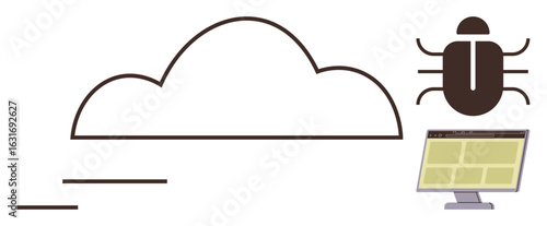Cloud with a bug icon near a monitor representing cybersecurity risks, data protection, software issues, and digital attacks. Ideal for technology, cybersecurity, data safety, IT infrastructure