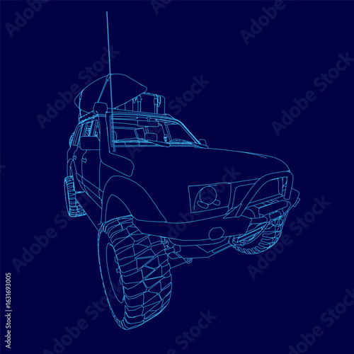 A blue 4x4 off-road vehicle with a sleek modern design features a large grille, dual headlights, and a rear spoiler. The car has a sturdy roof rack for added protection.