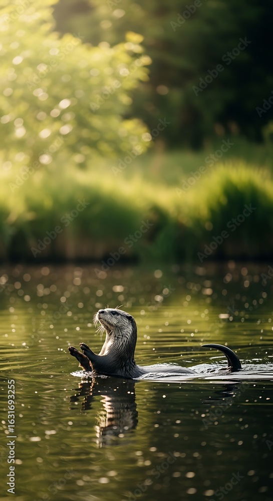 Fototapeta premium Otter resting in tranquil water at dawn.