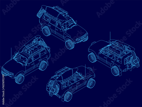 Four off-road vehicle blueprints showcase unique designs on a blue background. Each explorer-style car features distinct contours and rugged details. The white outlines contrast sharply against.