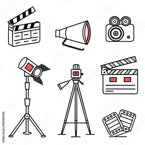 Collection of cinematic icons including clapperboards cameras spotlights and film reels