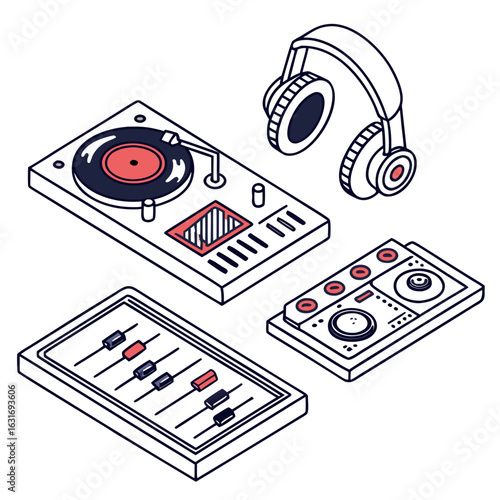 Isometric illustration of dj equipment including a turntable mixer and headphones presented in a clean outline style