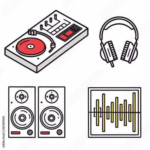 Dj turntable headphones speakers and equalizer icons representing music production and audio equipment