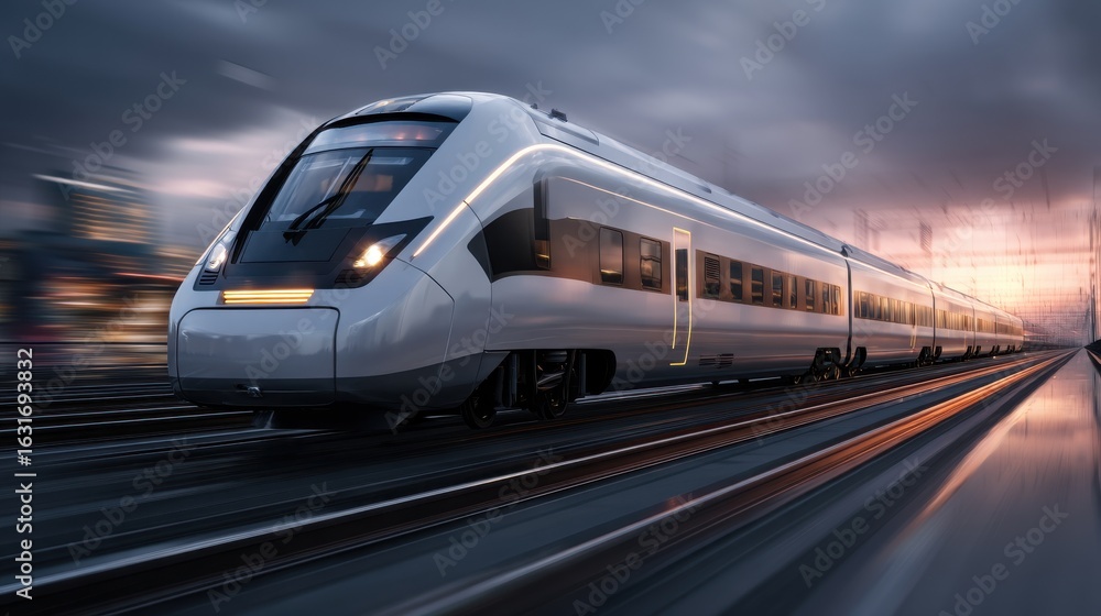 Fototapeta premium A sleek modern high speed rail train gliding swiftly along the tracks as the sun sets in the distance creating a dynamic and futuristic transportation scene