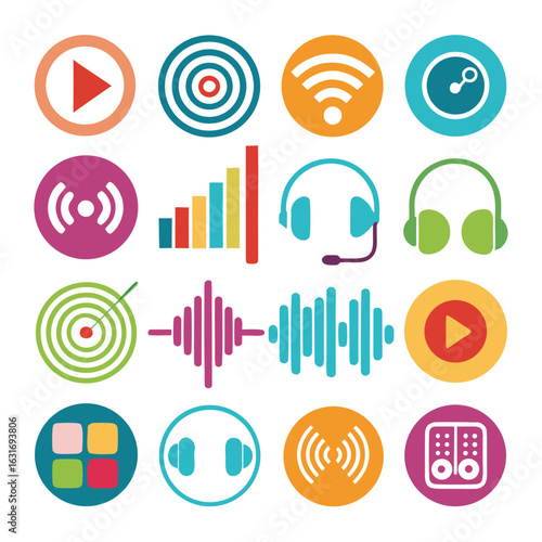 Collection of colorful circular icons representing audio media and technology concepts