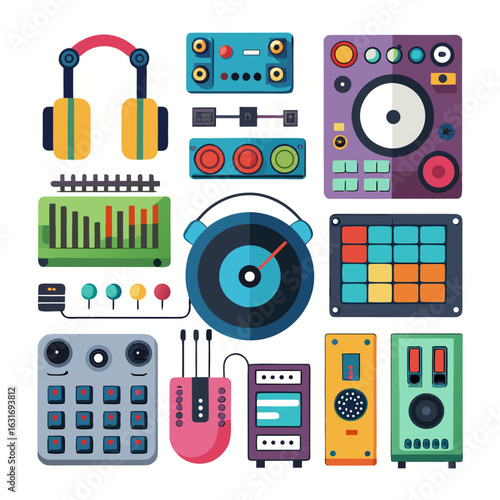 Collection of colorful electronic music production equipment and dj gear arranged in a grid pattern