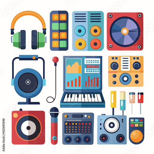 Collection of colorful flat design music production equipment and audio devices for creating sound