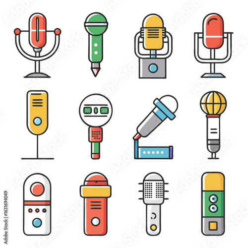 Collection of stylized flat design microphones in various shapes and colors for audio recording and broadcasting