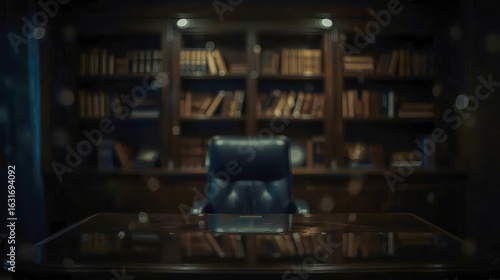 Blurred office background with soft light and reflection on the table. Wooden surfaces and leather chair, books create an atmosphere of coziness and mystery. Retro and minimalist atmosphere.