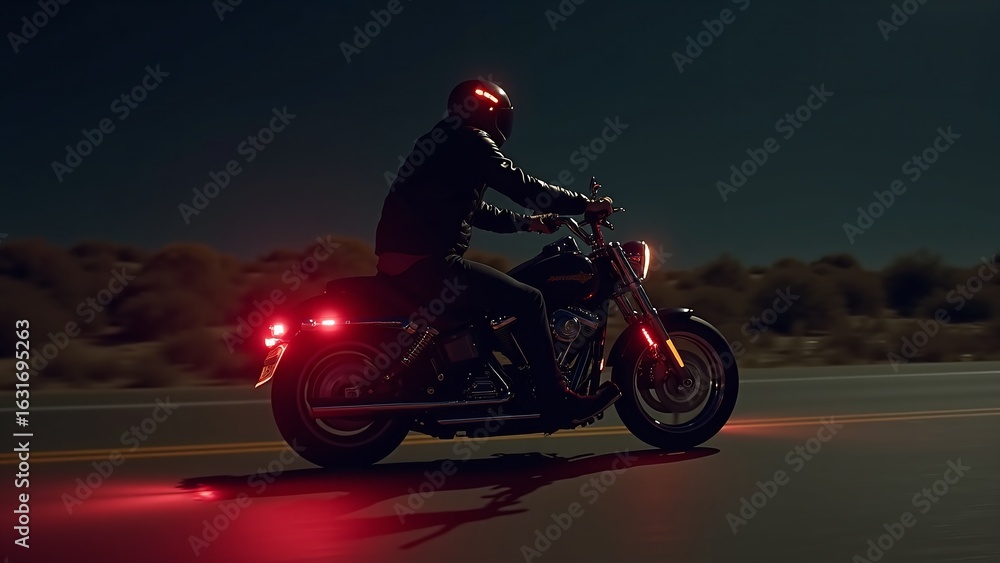 Fototapeta premium Biker in black rides a motorcycle at night, headlight blazing and taillights glowing red