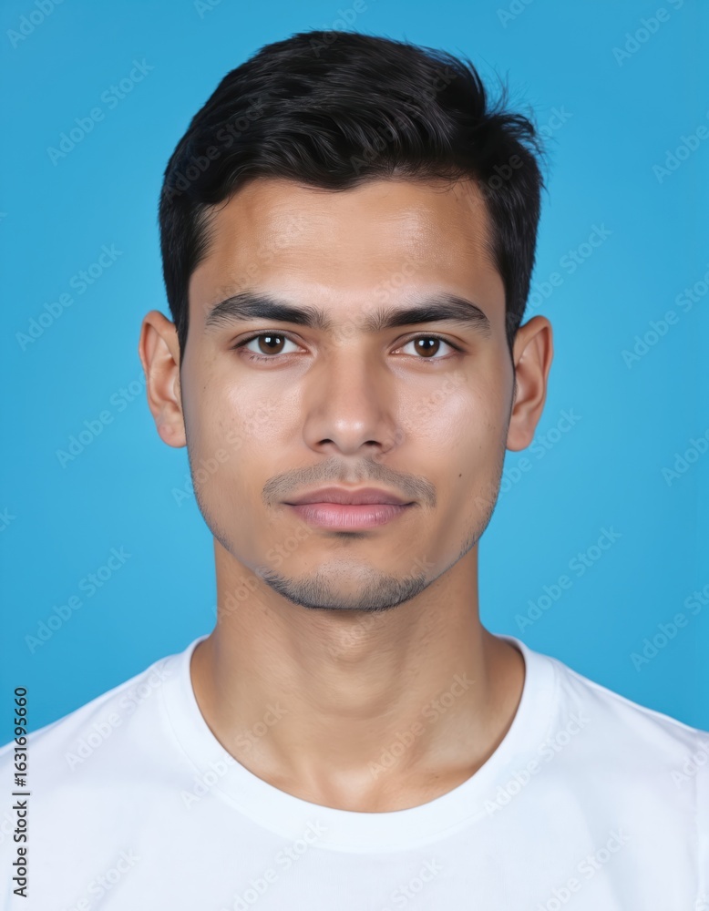 Fototapeta premium Formal portrait of a young man for identification or professional use. Clean headshot against a solid blue background. Suitable for ID cards, passports, employee badges, or resumes.