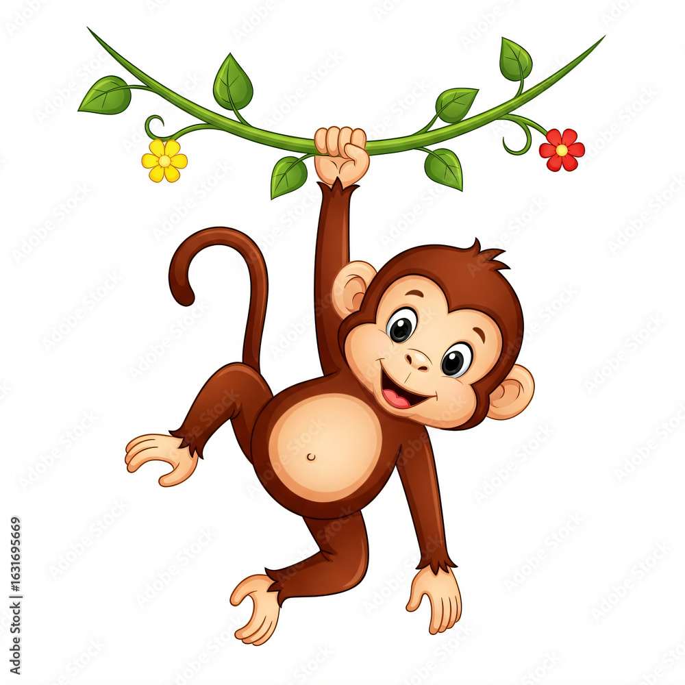 Fototapeta premium Cartoon monkey hanging from a vine with leaves and flowers, smiling.