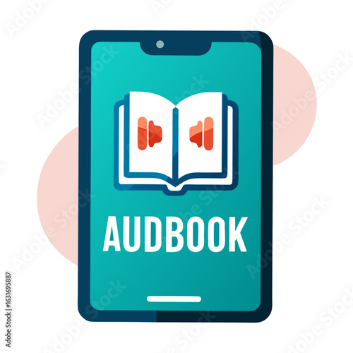 Digital audiobook app icon on a smartphone screen with playback controls and soft circles