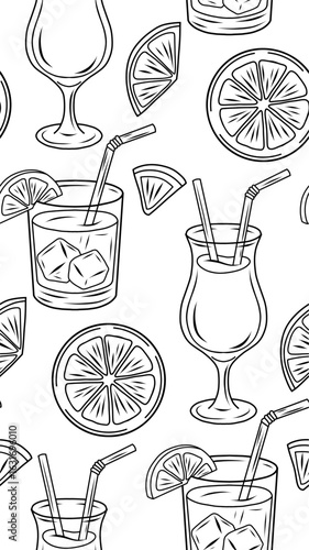 Vector seamless pattern with contour drawing of cocktails and juices with additives. Texture with outline drawn alcoholic drinks on white background for wallpaper.