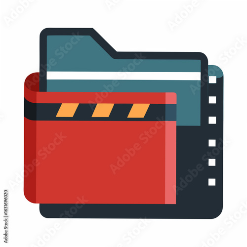Icon representing a folder containing film reel and clapperboard elements for video production and media storage