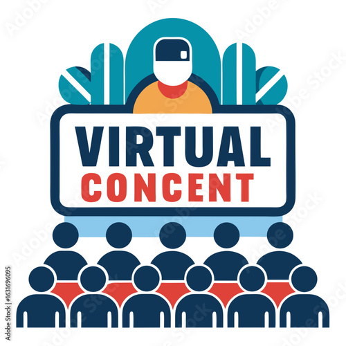 Stylized illustration of a virtual concert with audience members and a performer wearing a headset