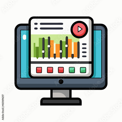 Computer monitor displaying audio mixer controls and playback interface with sound waves