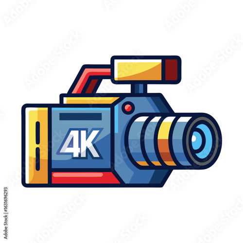 Modern 4k camcorder icon with blue body and yellow accents capturing high resolution footage