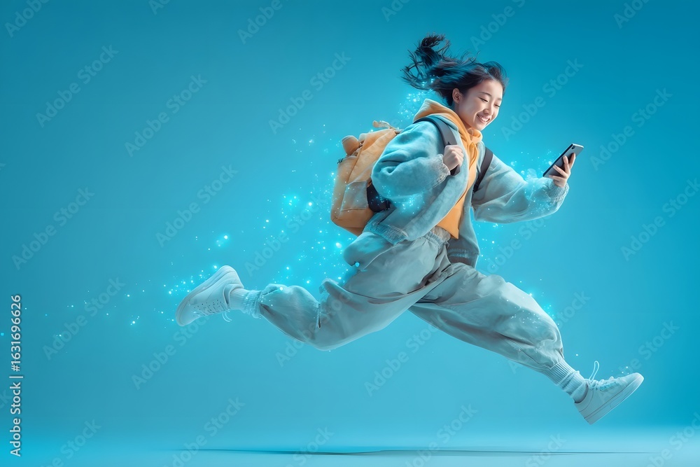 Obraz premium A girl in casual clothes runs with a backpack, holding a phone, in bright blue light.
