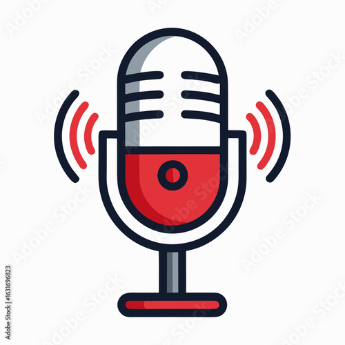 Modern flat design microphone icon with sound waves emitting for audio recording and broadcasting