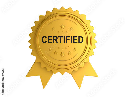 A shiny gold certified seal with a starburst edge embossed stars and ribbons.