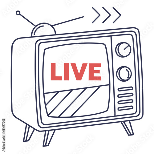 Retro television broadcasting live content with antenna and control knobs