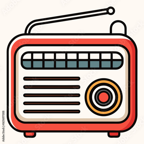 Retro red and white portable radio with a telescopic antenna and speaker
