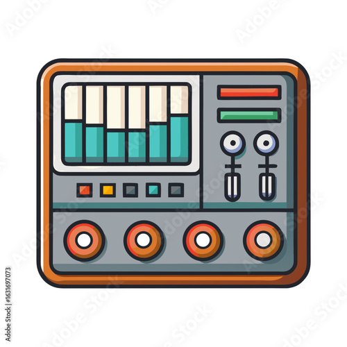 Stylized illustration of an electronic device with vu meters and control knobs