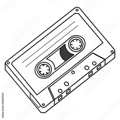 Classic audio cassette tape with spools and magnetic tape in a simple line art illustration