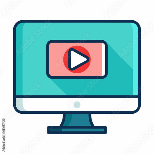Modern computer monitor displaying a video player with a prominent play button icon