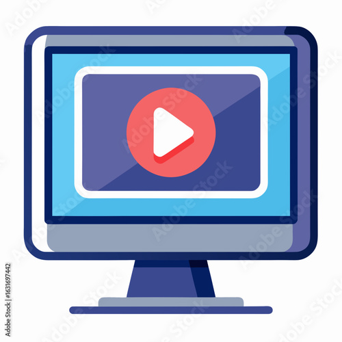 Modern computer monitor displaying a play button icon for digital media and entertainment
