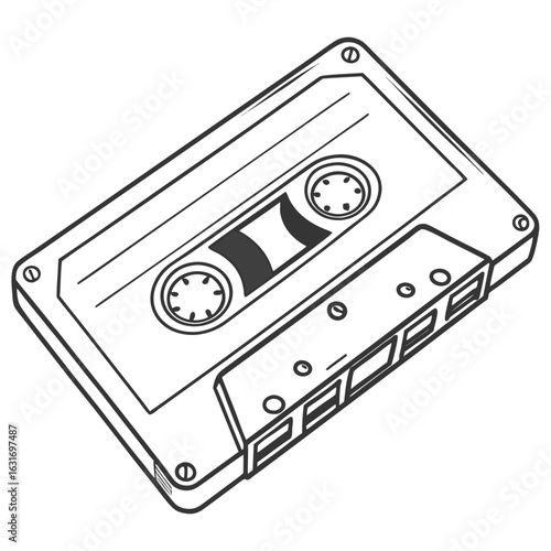 Retro audio cassette tape icon in a simple black and white line art drawing style