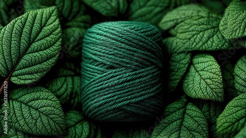 Deep teal yarn ball nestled amongst vibrant leaves