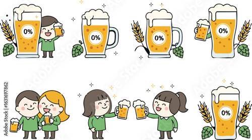 Minimal Vector Icon Pack of Alcohol-Free Beer Glasses with Cheerful People and Wheat Decor