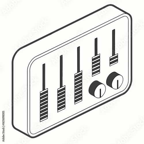 Isometric illustration of a sound mixer with sliders and knobs for audio control