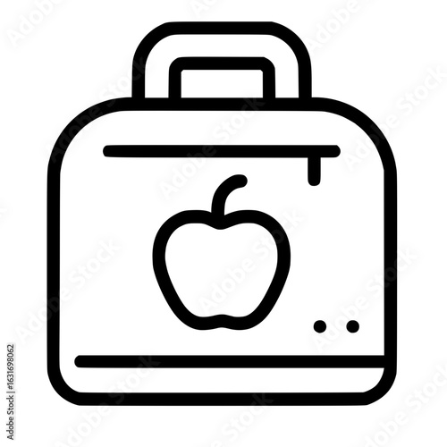 Black line art illustration of a lunchbox with apple inside on a white background, isolated.
