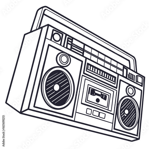 Retro boombox with dual speakers and cassette player in a stylized outline drawing