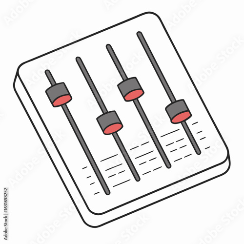 Simple illustration of a four channel audio mixer with vertical sliders and red accents