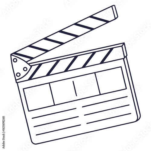 Simple line drawing of an open movie clapperboard ready for action