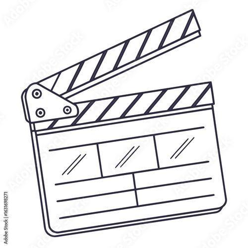 Simple line art drawing of an open movie clapperboard ready for filming action