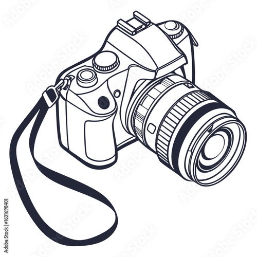 Stylized line art illustration of a modern dslr camera with a neck strap