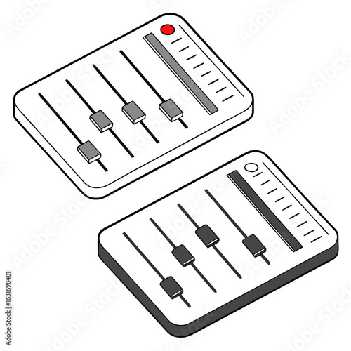 Two isometric audio mixing consoles with sliders and volume indicators on a white background